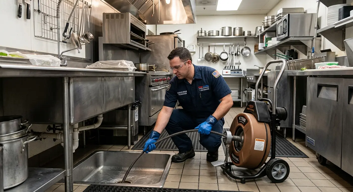 Commercial drain cleaning service in a restaurant kitchen in Deerfield