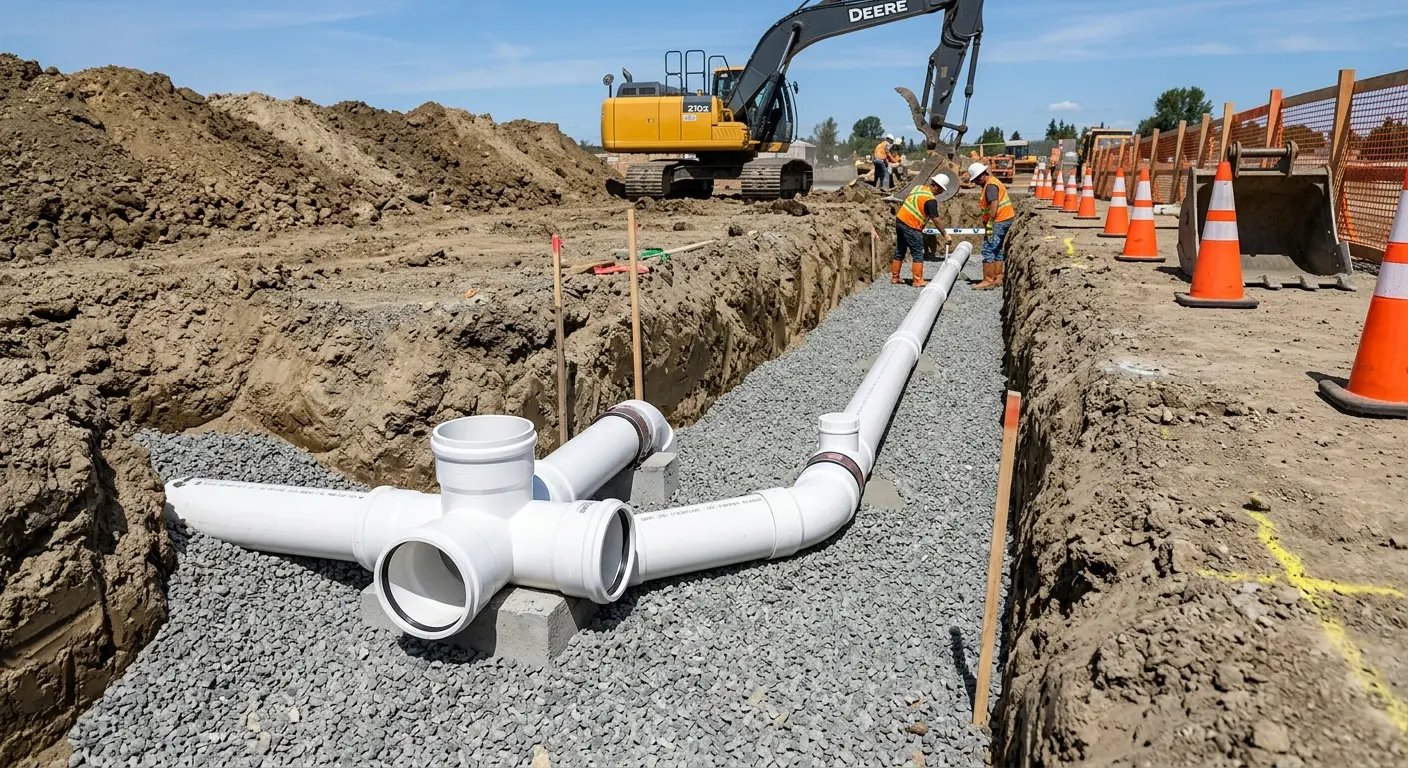 New PVC sewer pipe installation in open trench for Sewer Backup in Deerfield