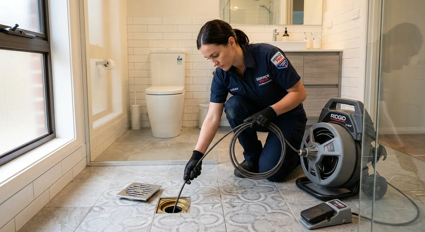 Technician clearing a bathroom floor drain for Hydro Jetting in Deerfield